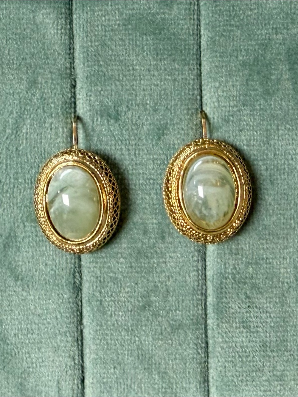 Vintage Gold Filigree Drop Earrings with Pale Green Stone